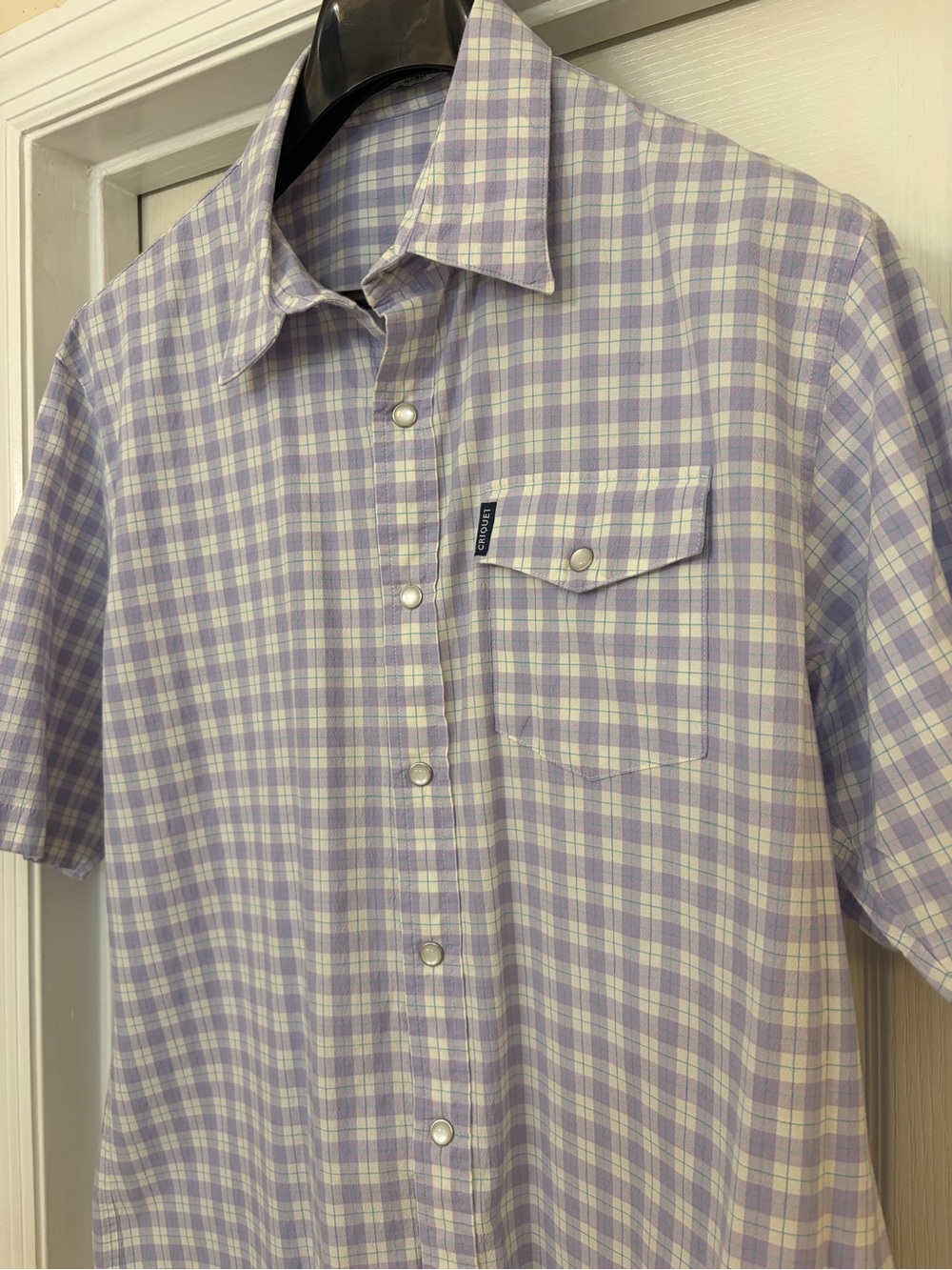 CRIQUET Performance Short Sleeve Shirt with Pearl Snaps Purple White Plaid Large